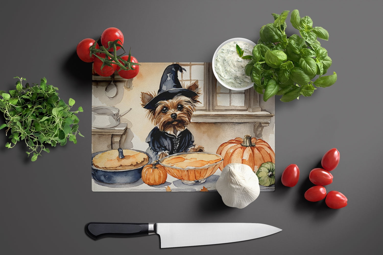 Yorkie Fall Kitchen Pumpkins Glass Cutting Board Large 12 in x 15 in