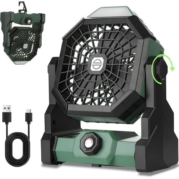 7800mah Rechargeable Camping Fan by Lincordor, Portable LED Lantern & 3-Speed Tent Fan with Adjustable Head, Essential for Outdoor Travel (Green)