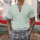 thumbnail image 2 of Blusa de manga corta con cuello alto y cremallera para hombre - Camisa informal de poliéster liso - Oficina/cita/fiesta de verano, 2 of 5