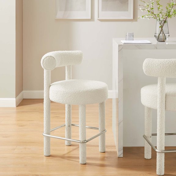 Modway Toulouse Boucle Fabric Counter Stool in Ivory Silver