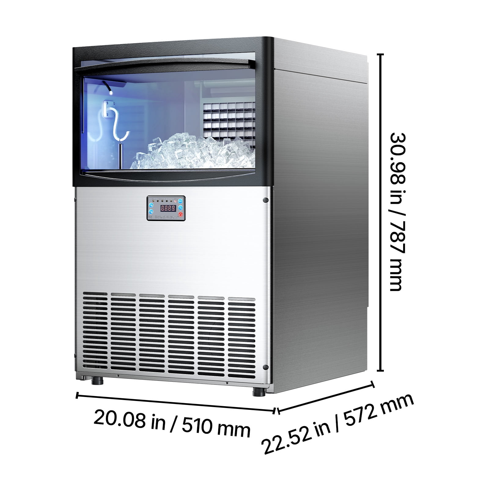 VEVOR Commercial Ice Maker Machine, 200 lbs/24h with 50 lbs Storage Capacity, Built-in/Freestanding/Under Counter, Stainless Steel Ice Maker with LED Display & Self-Cleaning, for Home Bar Restaurant