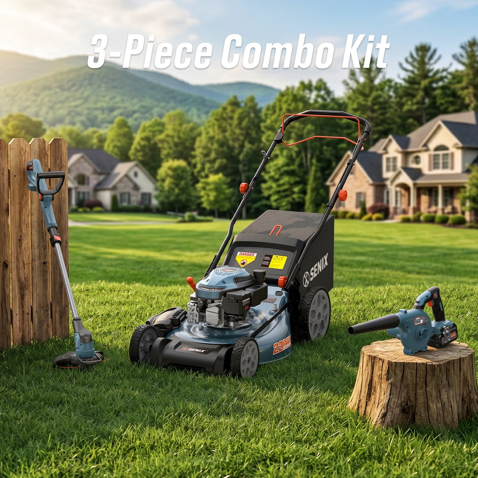 SENIX 3-Tool Combo Kit w/ LSSG-H4, BLX2-M, GTX2-M: 170CC 22" Self-Propelled Gas Lawn Mower, 20V 75 CFM Cordless Blower & 10" Cordless String Trimmer, Batteries & Chargers Included