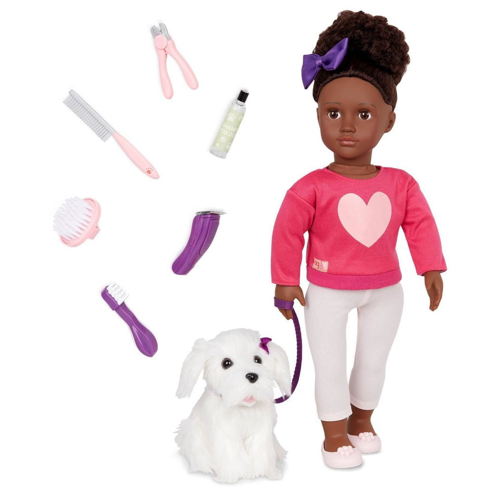 Choyce & Jewel 18" Doll & Pet Grooming Set, Curly Brown Hair/Eyes that open (includes heart