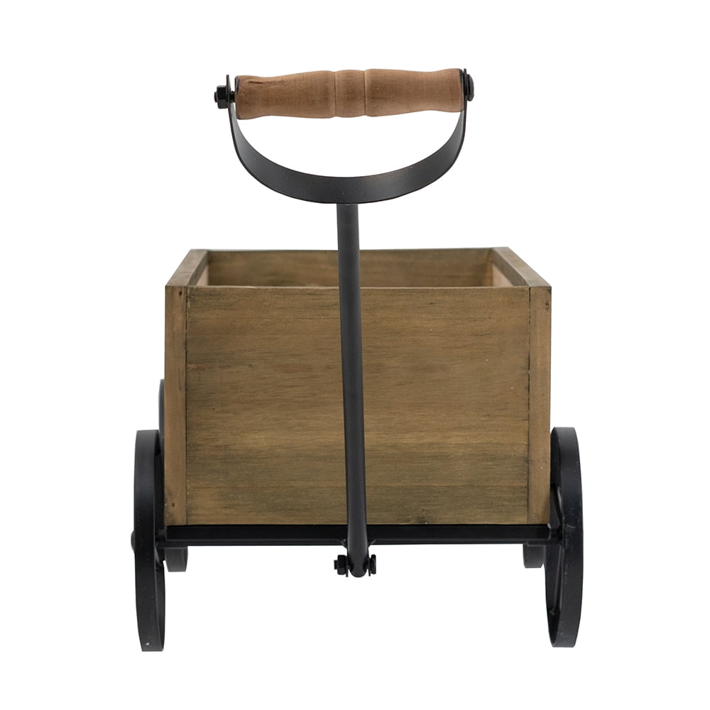 Farmhouse Flower Market Wagon Planter 16.5x9.5x8 Inch Black Metal Wheels for Tabletop Kitchen Counter