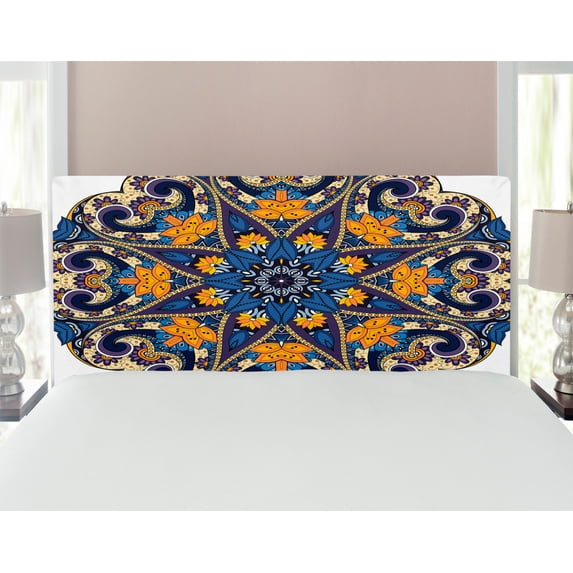 Mandala Headboard, Floral Motif Vibrant Colors Inner Balance Pattern Style, Upholstered Decorative Metal Bed Headboard with Memory Foam, Full Size, Blue Orange Purple, by Ambesonne
