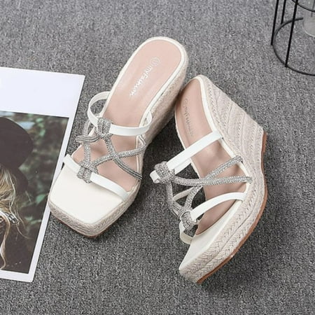 

NECHOLOGY Two Strap Buckle Sandals for Women Flip Flop Rhinestone Espadrille Sandals Jute Wedge Size 12 Womens Shoes Sandals White 7