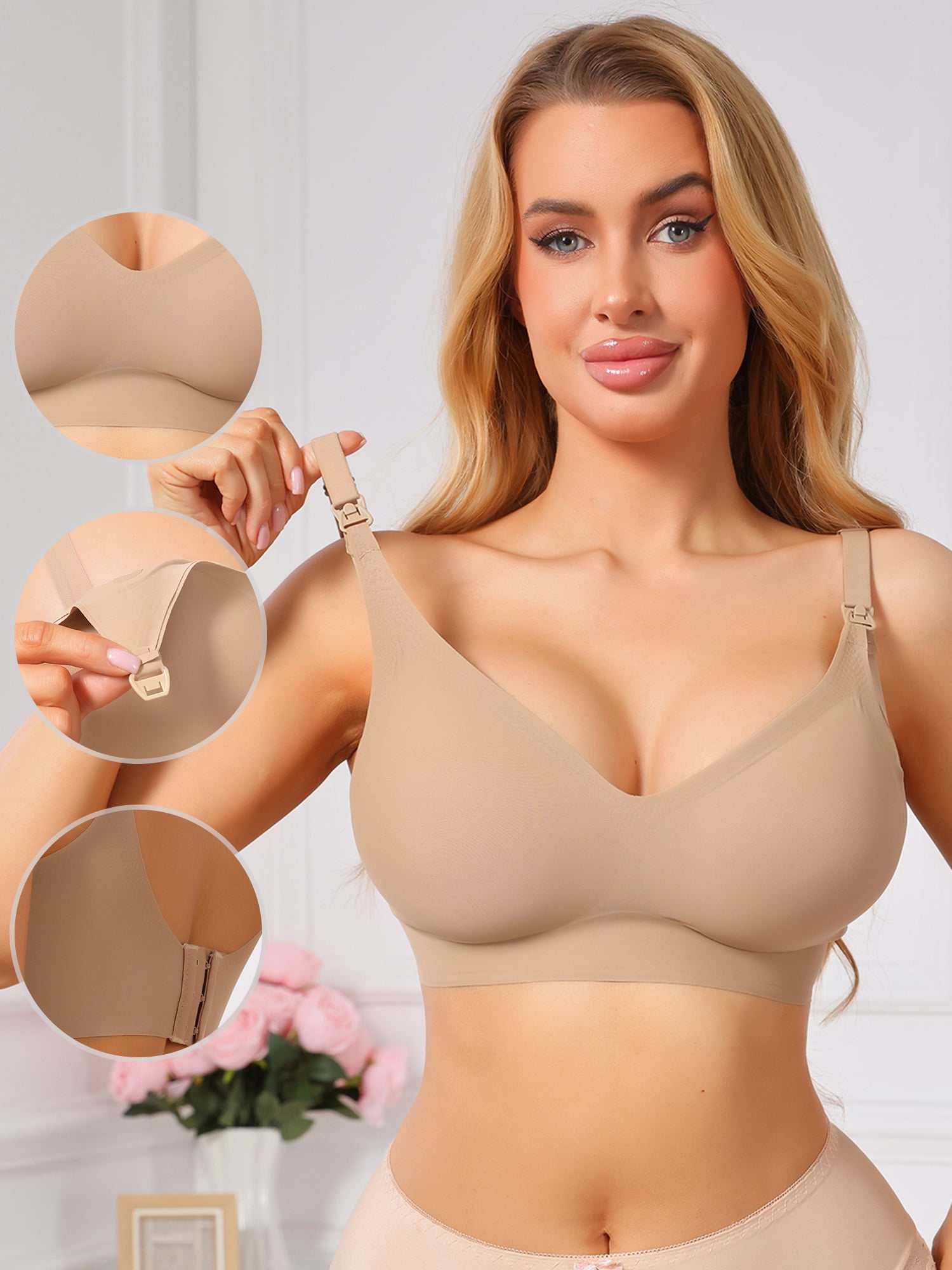 DARING DIVA Women's Seamless Wireless Nursing Bra with Beastfeeding Clasp S Beige