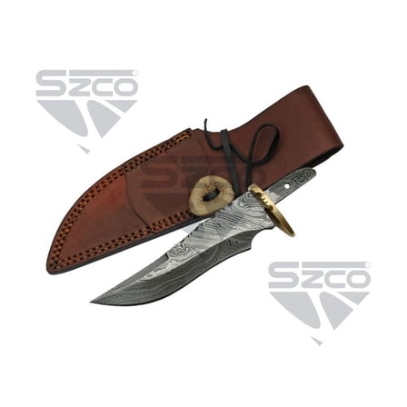 SZCO 6.25" Damascus Steel Knife with 7 Gauge Blade, Guard & Sheath – Hunting Outdoor Utility Tool