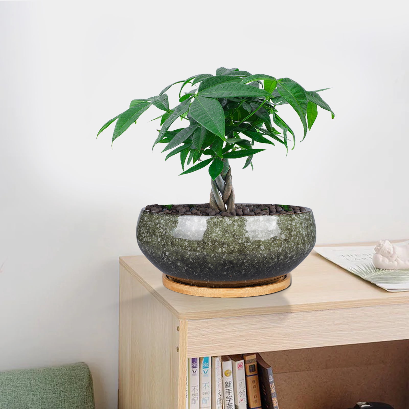 Ordivic 8  inch Green Ceramic Planter with Drainage Hole & Saucer,Shallow Plant Pots for Bonsai Trees Cacti Housewarming Gift Home Decor
