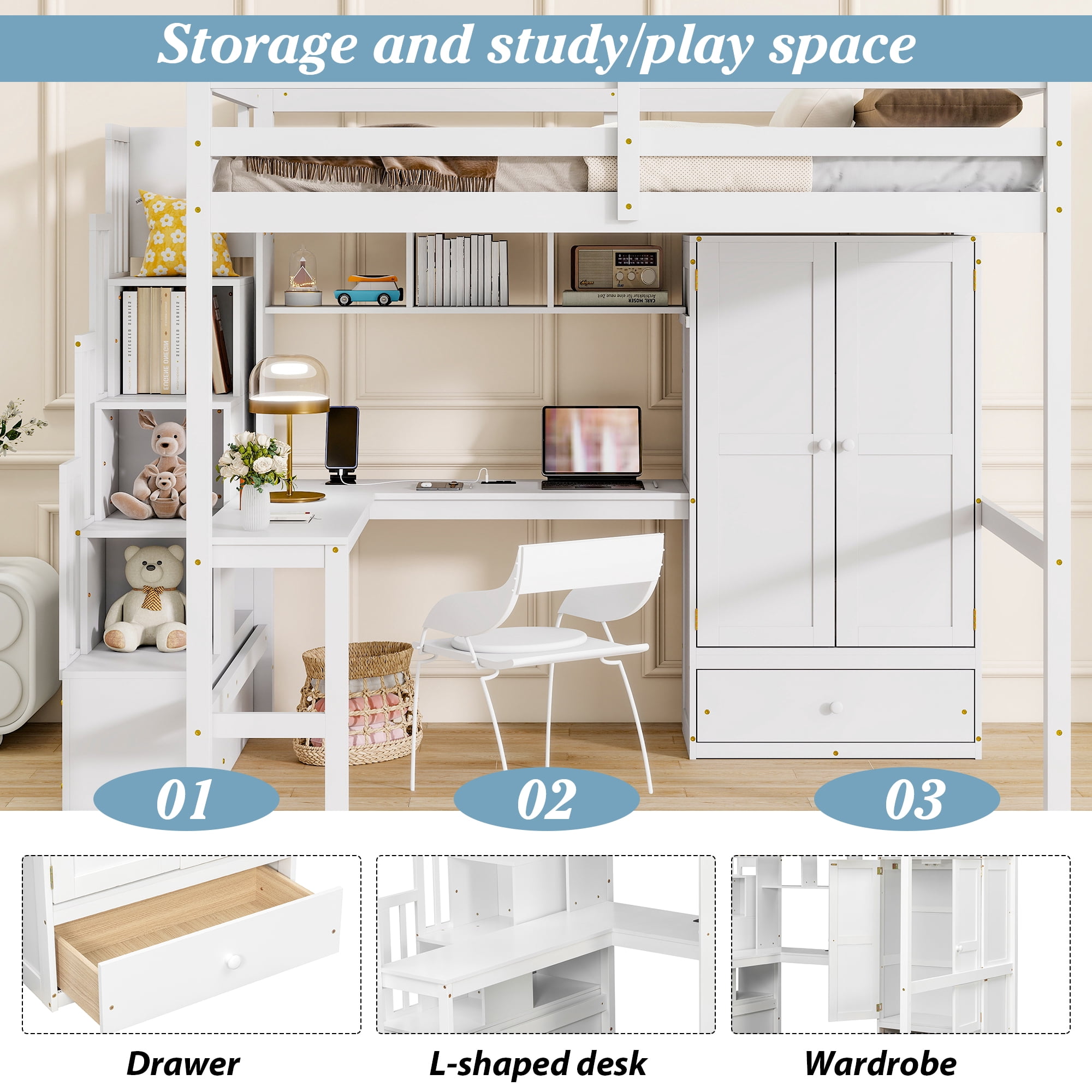 Mintazer Full Size Loft Bed with L-Shaped Desk & Wardrobe, Loft Bed with Storage Staircase & Charging Station, White