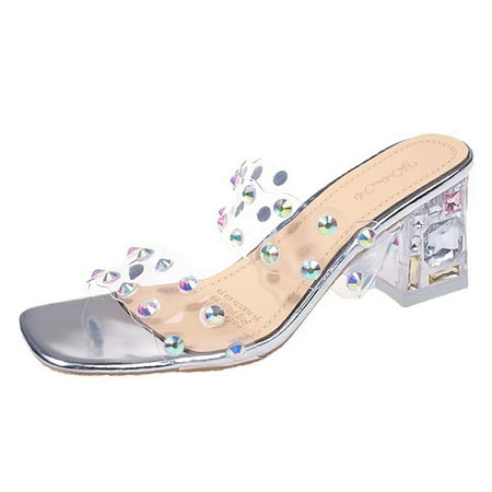 

Fsqjgq Casual Sandals Women Women s Sandels Women Sandals Summer Fashion New Pattern Color Rhinestone Transparent Square Heel Non Slip Comfort Convenient Slip On High Heels Size 39 Silver