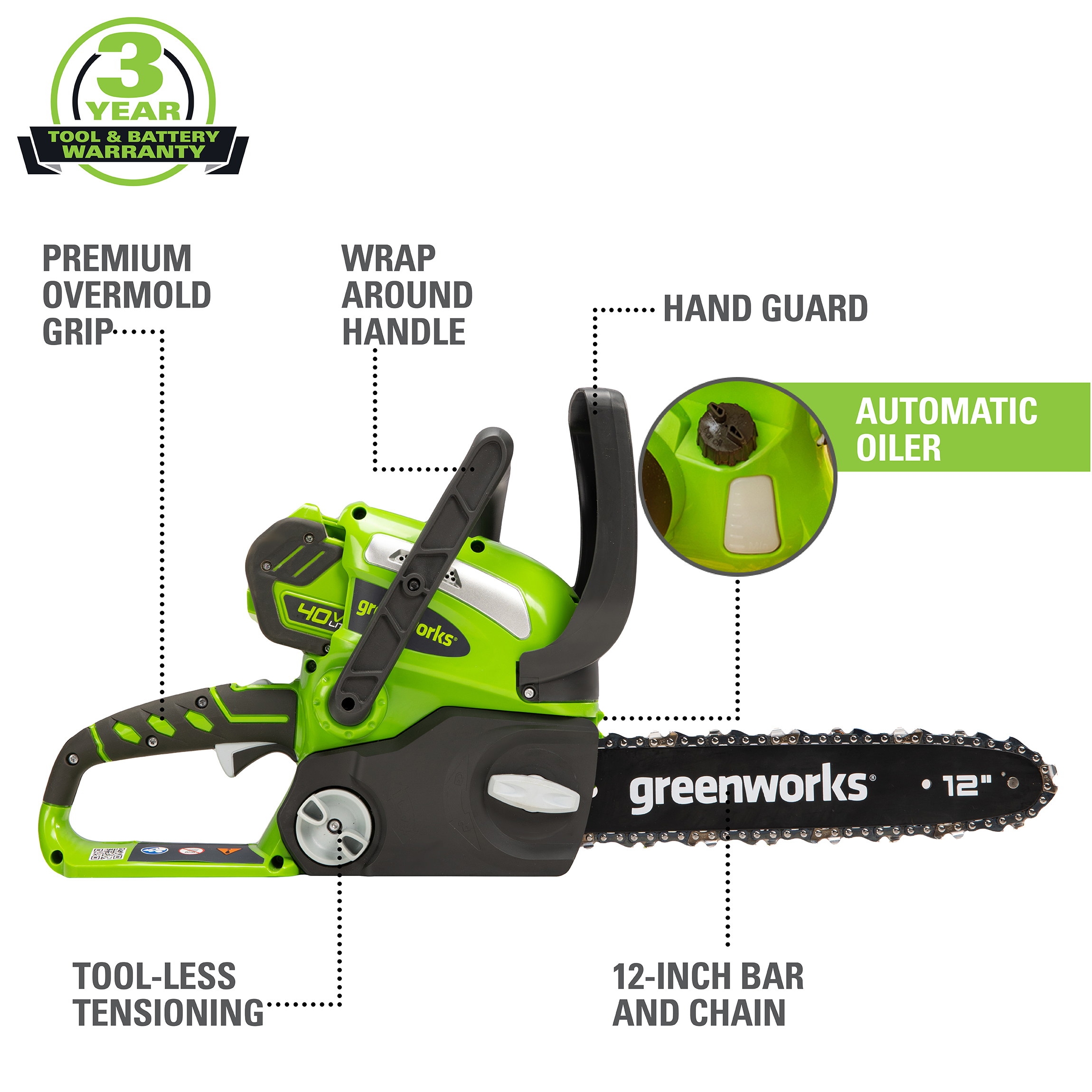 GreenWorks 20292 40V 12" Cordless Chainsaw, Battery and Charger Sold Separately - image 3 of 14