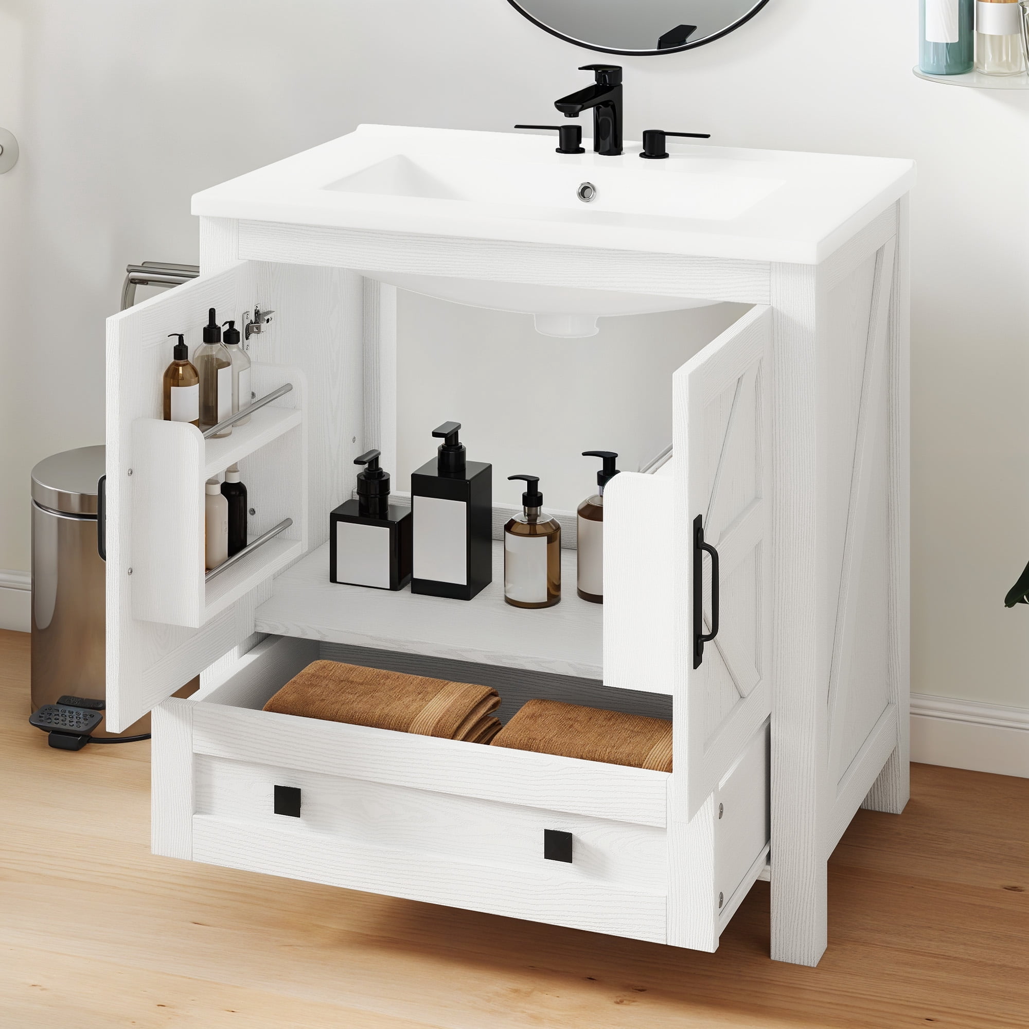 Uforic 30" Bathroom vanity with Sink Top, Farmhouse Bathroom Storage Cabinet with Drawers, White