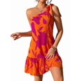 thumbnail image 3 of Women'S One Shoulder Leaf Print Self-Tie Short Dress Sleeveless Tiered Hem Formal Dress Red L, 3 of 9