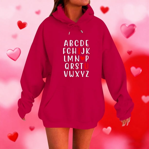RKSTN Valentine Gift Woem's Valentines Heart Print Hoodies Plus Size Drawstring Hooded Sweatshirt Top Womens Casual Solid Overszied Graphic Printed Loose Comfy Hood Fall Spring Clothes