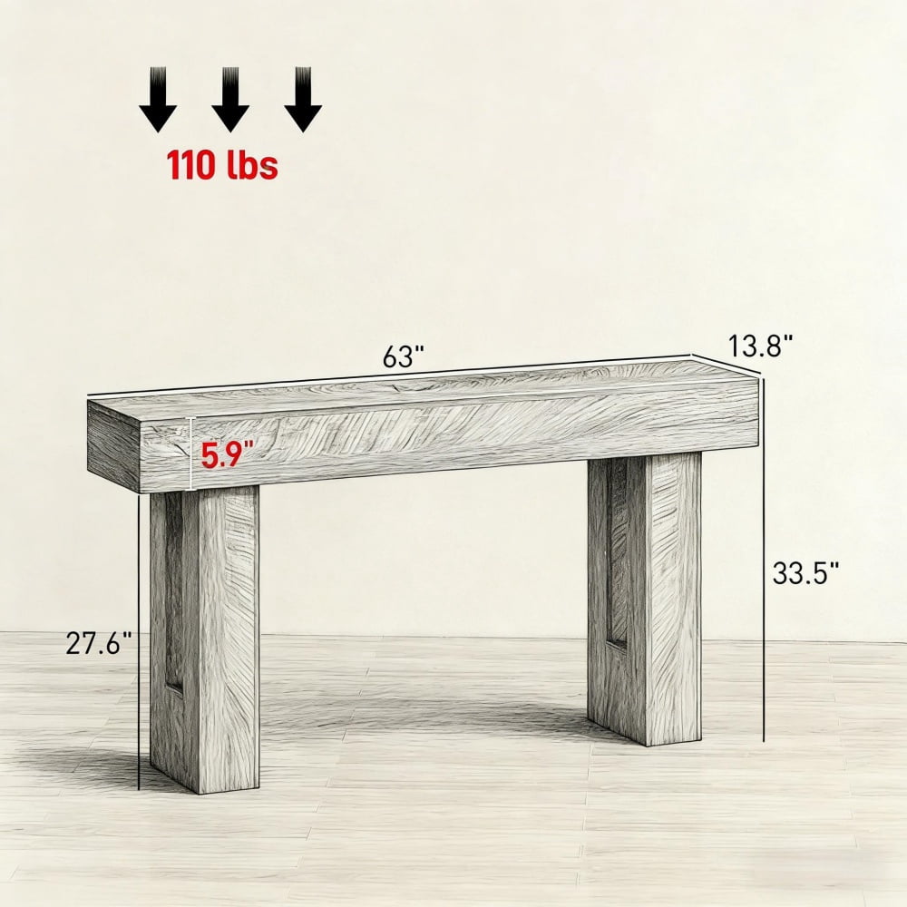 Rustic Oak Console Table, 63” Narrow Sofa Table with 110 LBS Load Capacity, Anti-Tip Strap, Easy Assembly & Clean for Entryway Hallway Living Room