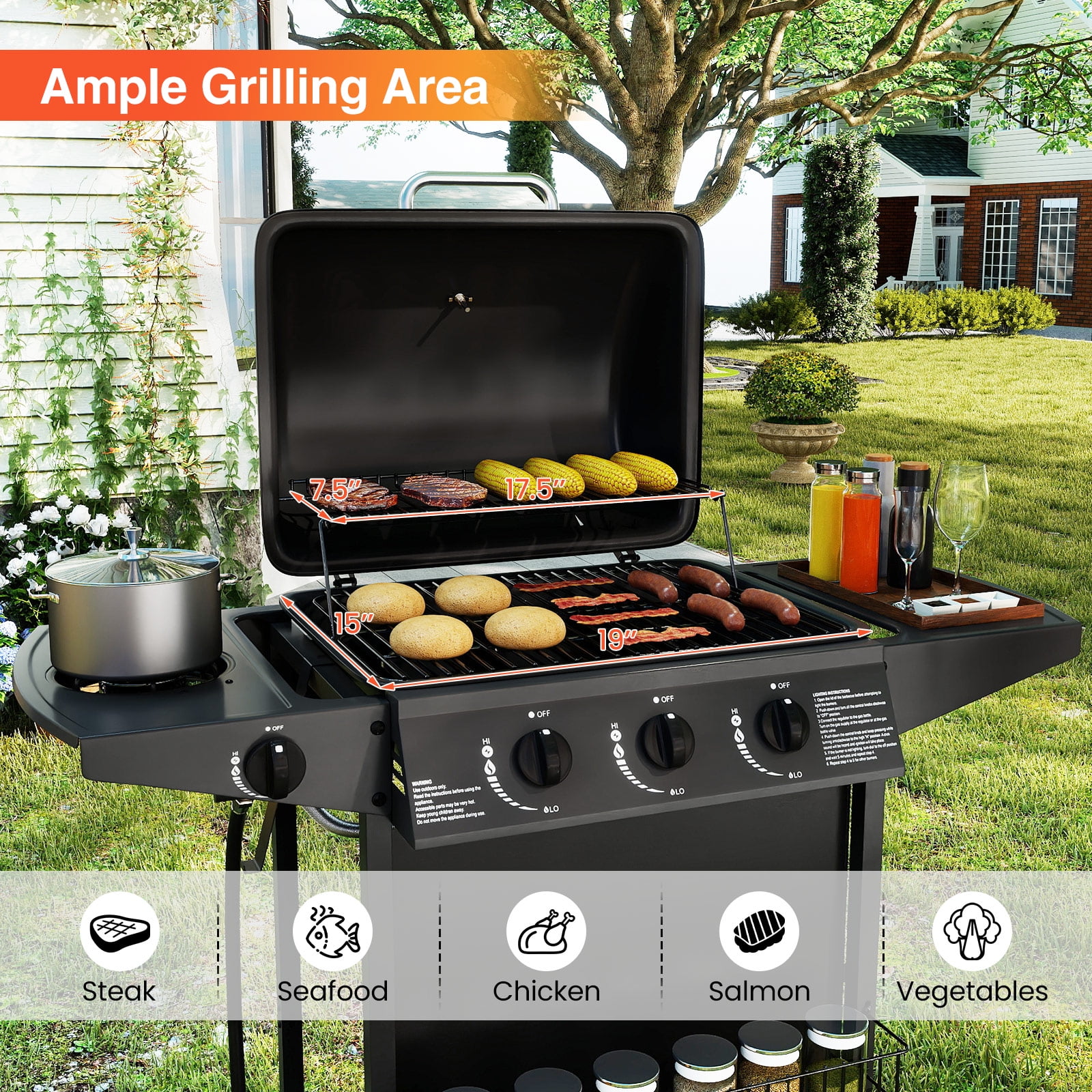 Gymax 39000 BTU Outdoor Cooking Grill w/ Storage Shelves & Porcelain-Enameled Grates