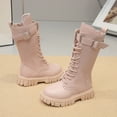 thumbnail image 5 of Girls Mid Calf Boots, Side Zip Faux Leather Fashion Boots, Lace Up Chunky Sole Fall Footwear for School Outings, 5 of 8