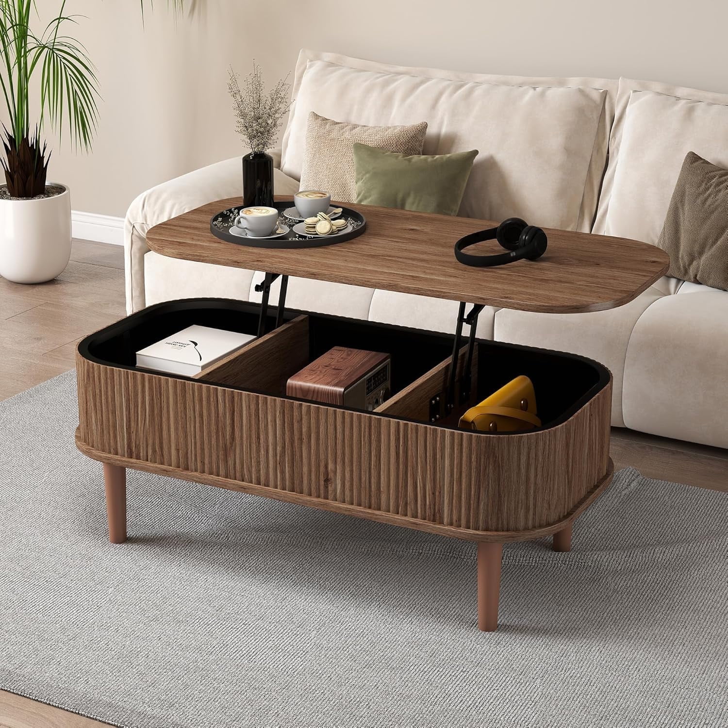 Gitawusa Walnut Oval Fluted Lift Top Center Furniture with Hidden Storage Compartment for Living Room Home Office