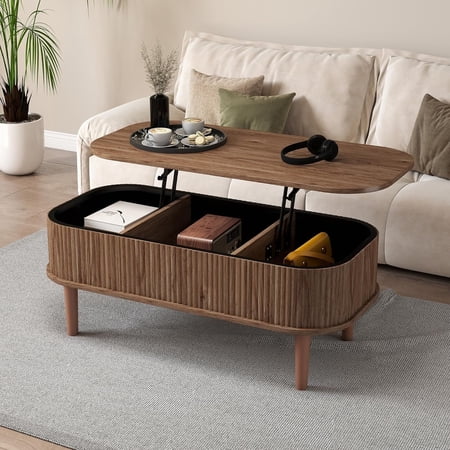 Gitawusa Walnut Oval Fluted Lift Top Center Furniture with Hidden Storage Compartment for Living Room Home Office