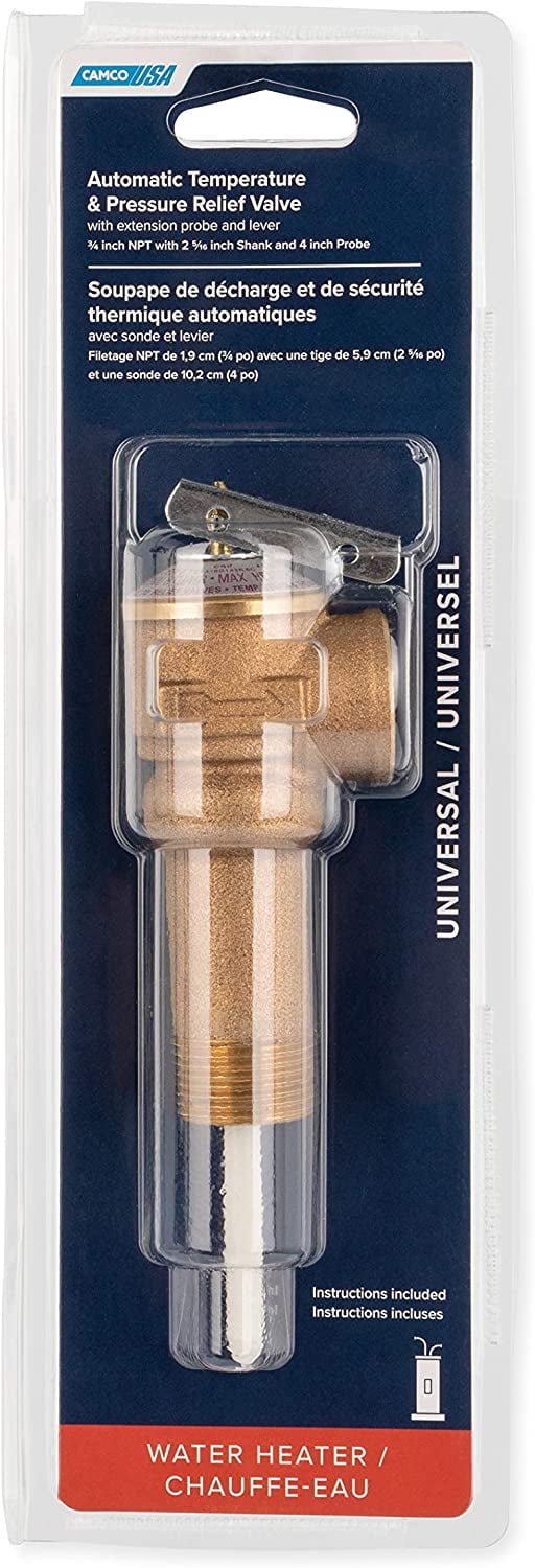 Camco 10493 Temperature & Pressure Relief Valve – Extended Shank, 3/4” NPT, 150 PSI, Coated Probe