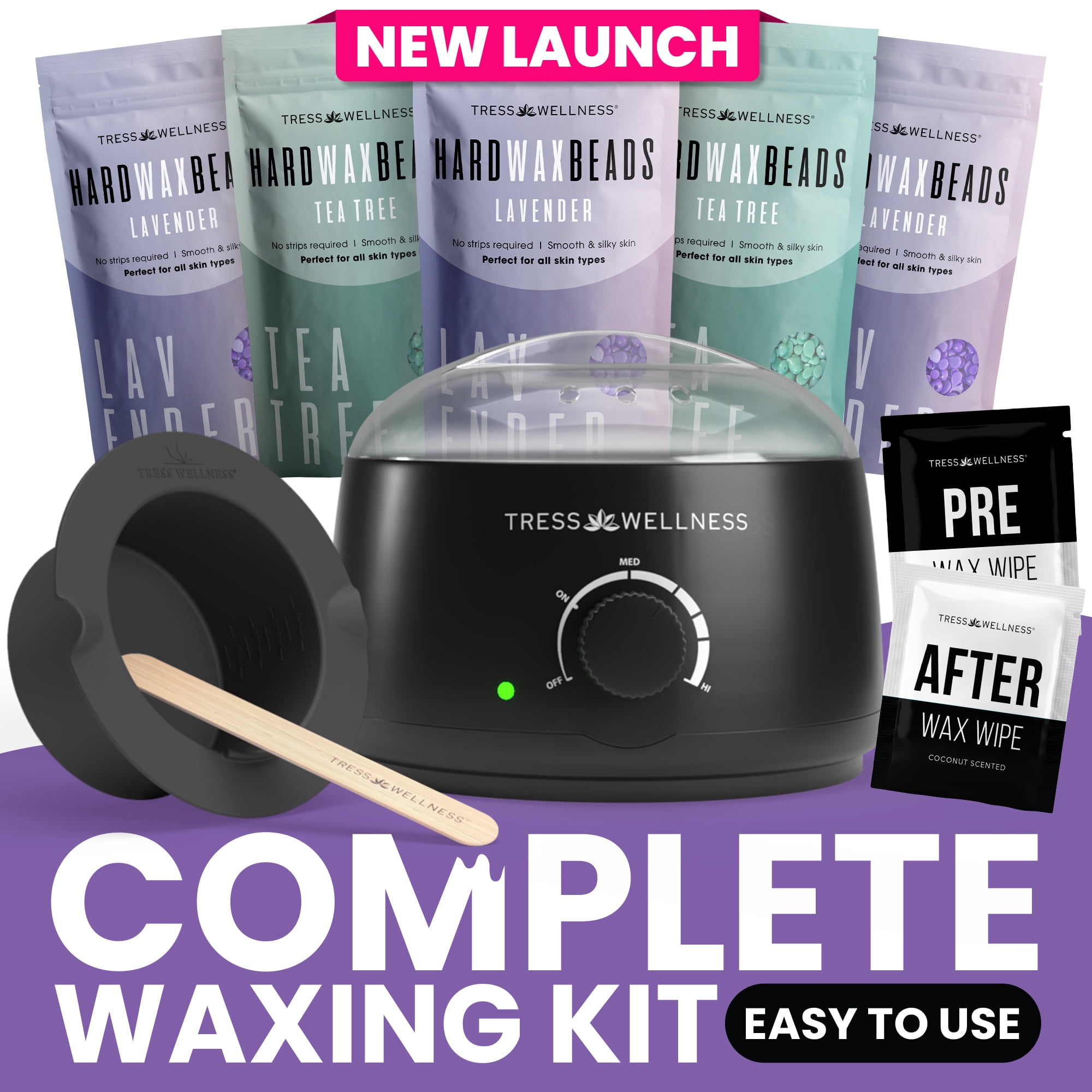 Tress Wellness No-Strip Hair Removal Waxing Kit for Full Body with Wax Warmer and Accessories, Black