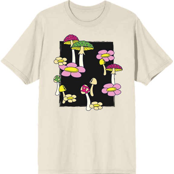 Mushrooms & Flowers Adult Natural Crew Neck Short Sleee Tee-Medium