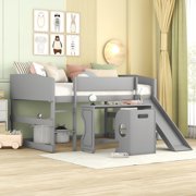 Harper & Bright Designs Low Study Loft Bed with Slide, Wooden Full Loft Bed Frame with Rolling Portable Desk and Chair for Kids Teens Girls Boys, Gray
