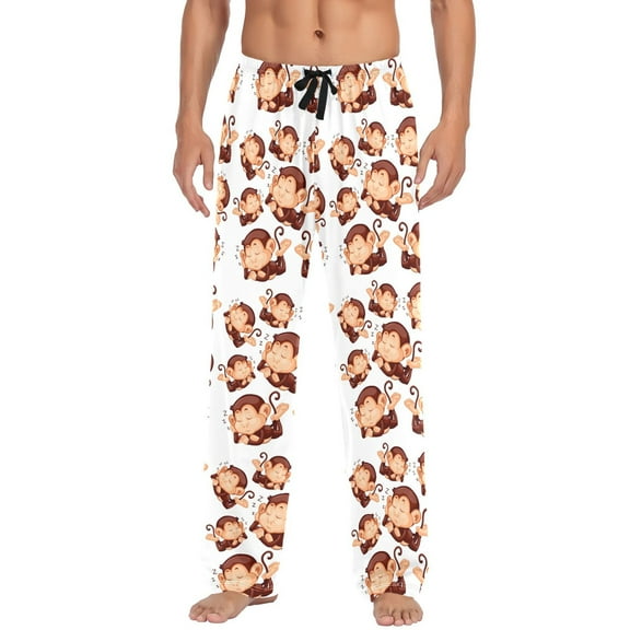 Cute Monkey Sleeping joogoo Men's Pajama Pants Cotton Long Sleepwear Lounge Pants L