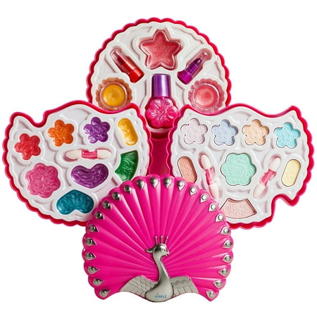 Color Gloss Lipstick - Kid’s Washable Makeup Play Set for Girls Includes Lipstick, Lip Gloss, Blush, Nail Polish And more with Peacock Shaped Compact, Cosmetic Pretend Play Set by Dimple
