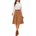 thumbnail image 2 of MODA NOVA Juniors Casual Stretchy Faux Suede Pockets A-Line Midi Skirt with Belt Caramel XS, 2 of 6