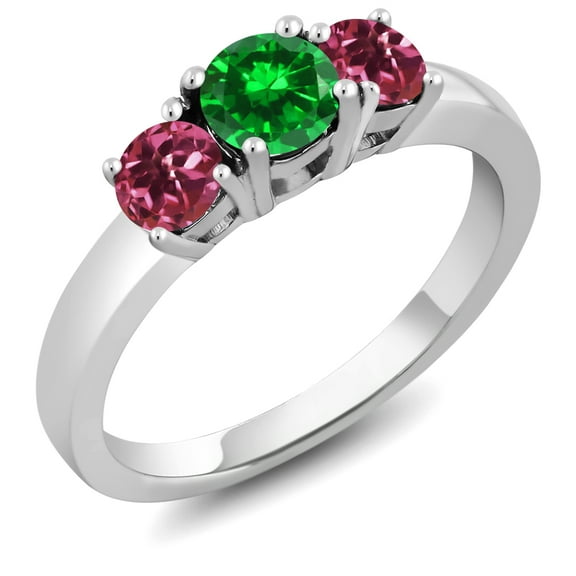 Gem Stone King 925 Sterling Silver Green Simulated Emerald and Pink Tourmaline Women Ring 1.32 Cttw, Gemstone Birthstone (Size 8)