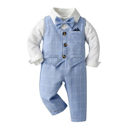 

WUXIAN Toddler Boys Long Sleeve Shirt Romper Bodysuit Pants Coat With Tie 4pcs Child Kids Gentle Outfits Infants Baby Trousers Breathable Dailywear