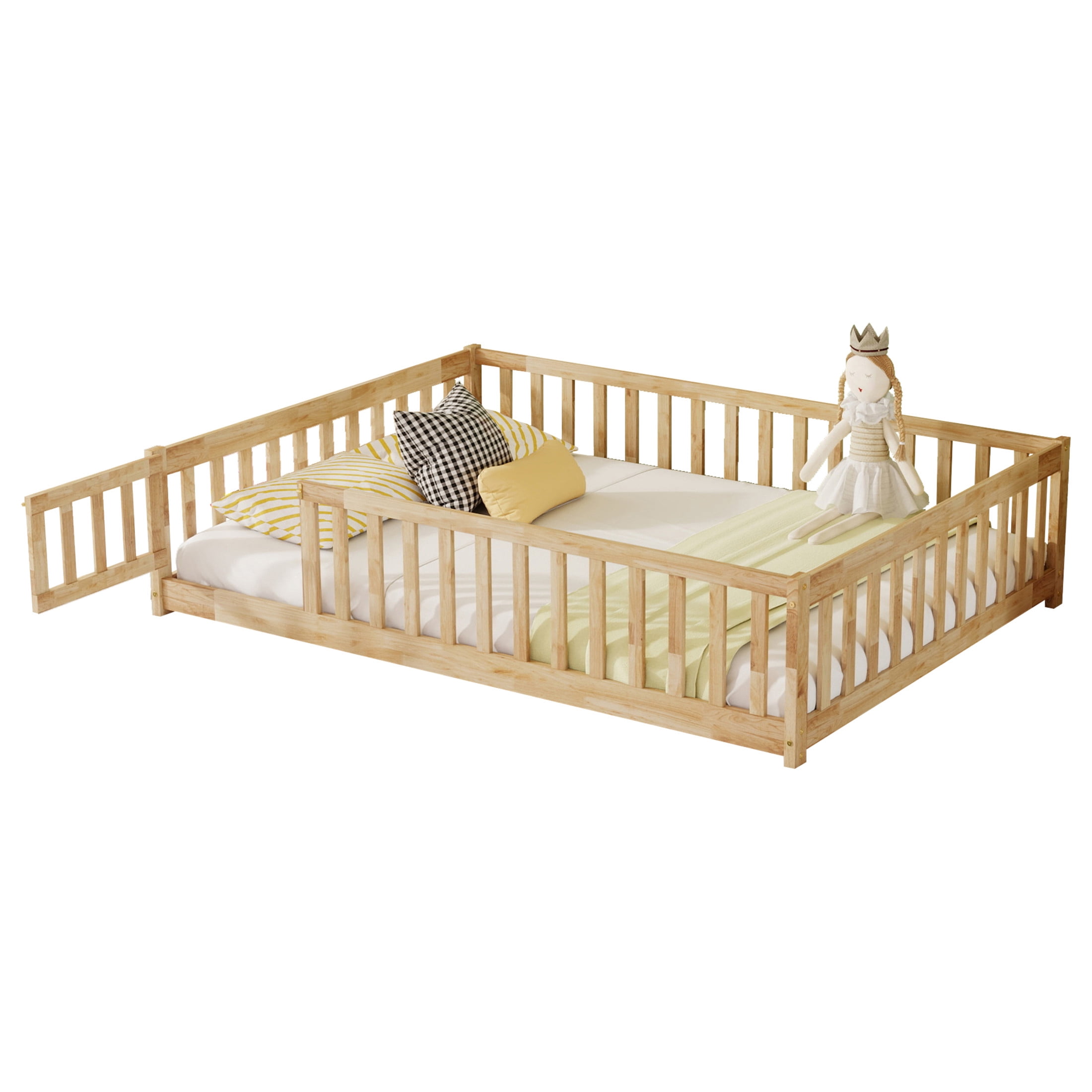 Noble House Corvel Full Size Rubber Wooden Floor Bed with Safety Guardrails & Latching Fence Door, Natural