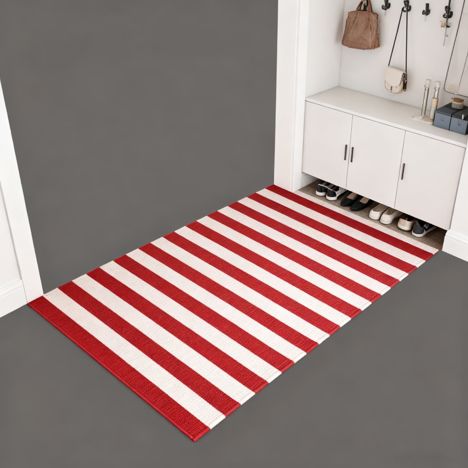 Red and White Striped Rug 28 x 43 Inch Washable Woven Indoor Outdoor Mat For Entryway Kitchen Porch Farmhouse Decor