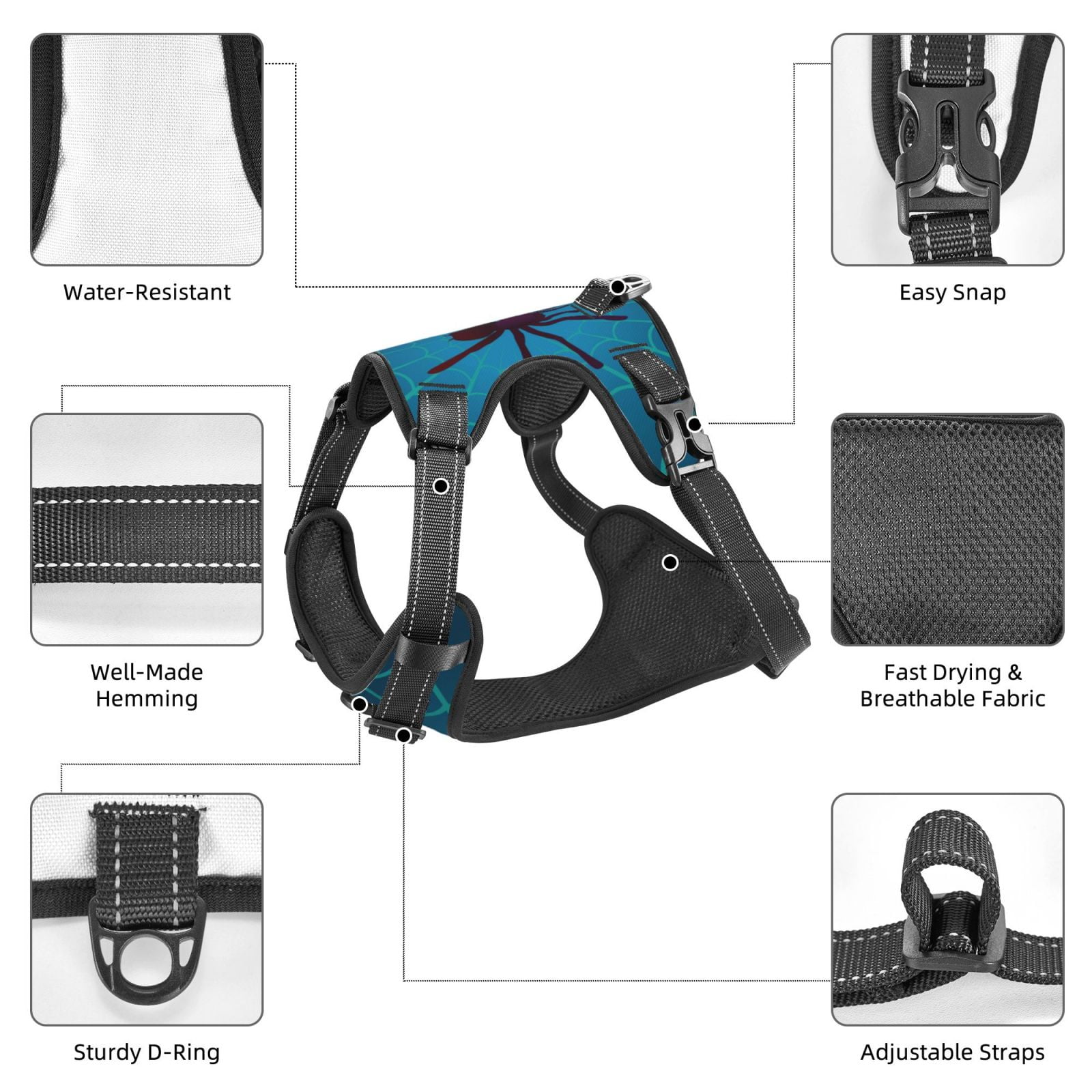 Vsdgher Spider And Cobweb Pattern Dog Harness,No Pull Pet Harness with Soft Padded Handle,Adjustable Reflective Vest with 2 Buckles,4 Slide Buckles,S-XL X-Large