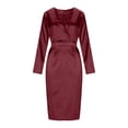 thumbnail image 5 of Women Satin Long Sleeve Dress - Tie Waist V Neck Silk Elegant Formal Cocktail Wedding Guest Bodycon Midi Dresses, 5 of 7