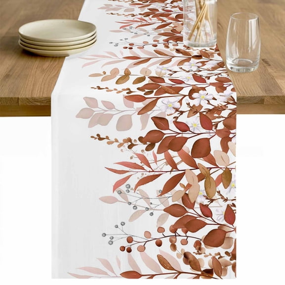 Brown Leaves Table Runner - 72 Inch Long Summer Botanical Cotton and Linen Blended Dress Scarves Farmhouse Table Runner for Kitchen Dining, Coffee Table, 13" x 72"