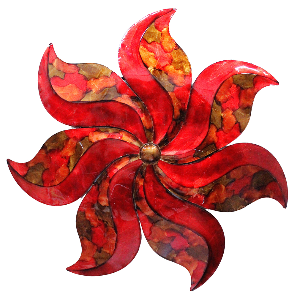Large Flower Metal Wall Decor Red Metal, Lacquered In Copper, Red And