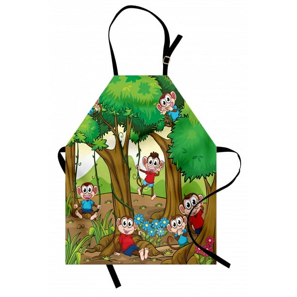 Nursery Apron Children Kid Apes Monkeys Playing in Exotic Forest with