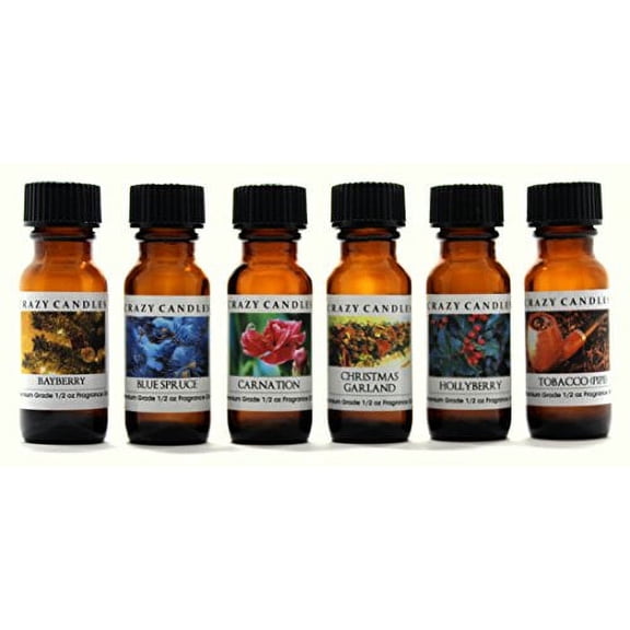 Crazy Candles 6 Bottles Set Bayberry, Blue Spruce, Carnation, Christmas Garland, Hollyberry, Tobacco 1/2 Fl Oz Each (15ml) Premium Grade Scented Fragrance Oils