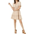 thumbnail image 1 of INSPIRE CHIC Robe d'Été pour Femme Col en V Manches Bouffantes Taille Smockée Robe Courte Décontractée TG Beige, 1 of 6