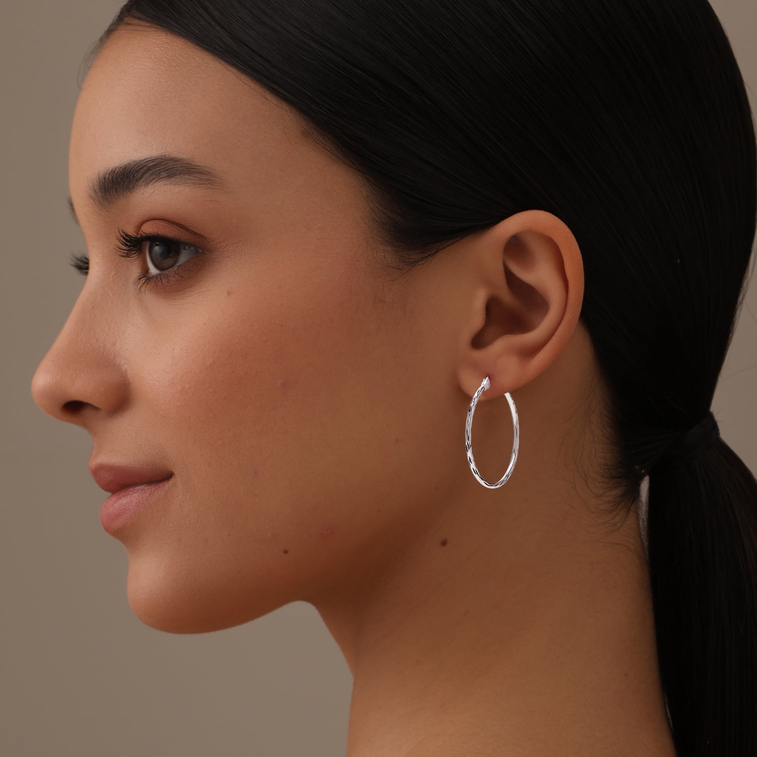 LeCalla 925 Sterling Silver Hoop Earrings for Women | Medium Classic Diamond-Cut Textured Hoops Earring | Womens Click-Top Earring Hoop 35MM