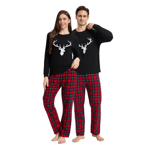 Apparonia Cotton Matching Pajamas for Couples Long Sleeve Top & Long Pants Sleepwear Pjs Sets FKT-Red Tartan Plaid S