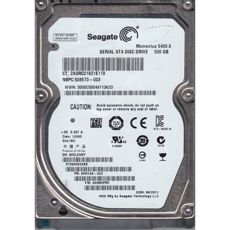 ST9500325AS, 5VE, WU, PN 9HH134-022, FW 0005HPM1, Seagate 500GB SATA 2.5 Hard Drive
