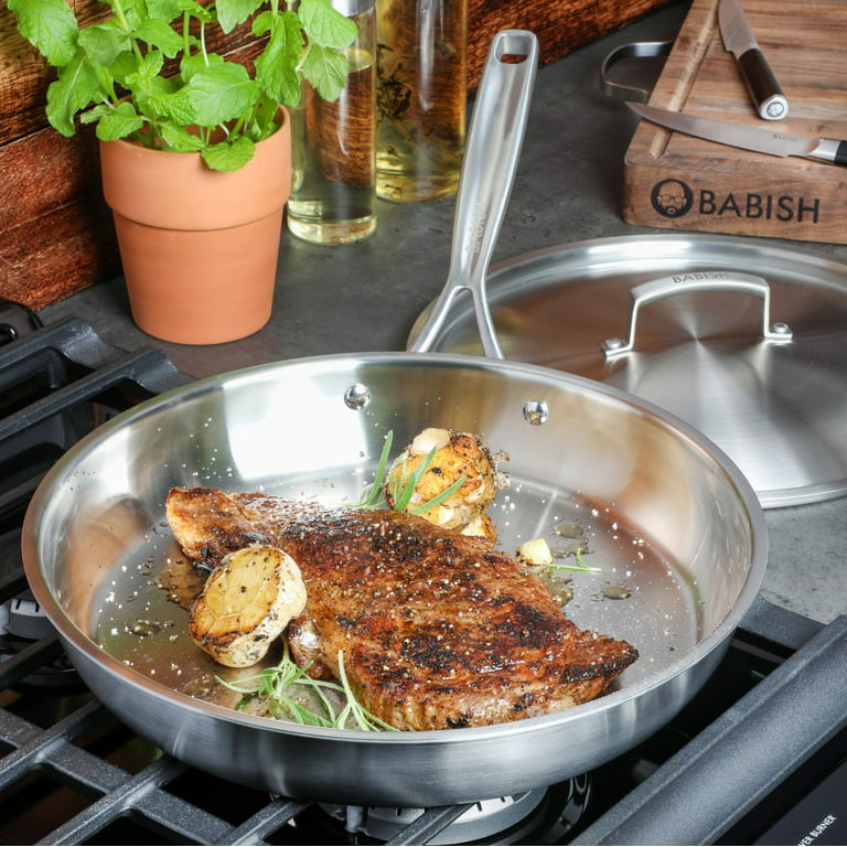 Babish 12 inch Stainless Steel Triply Professional Grade Fry Pan w/ Stainless Lid