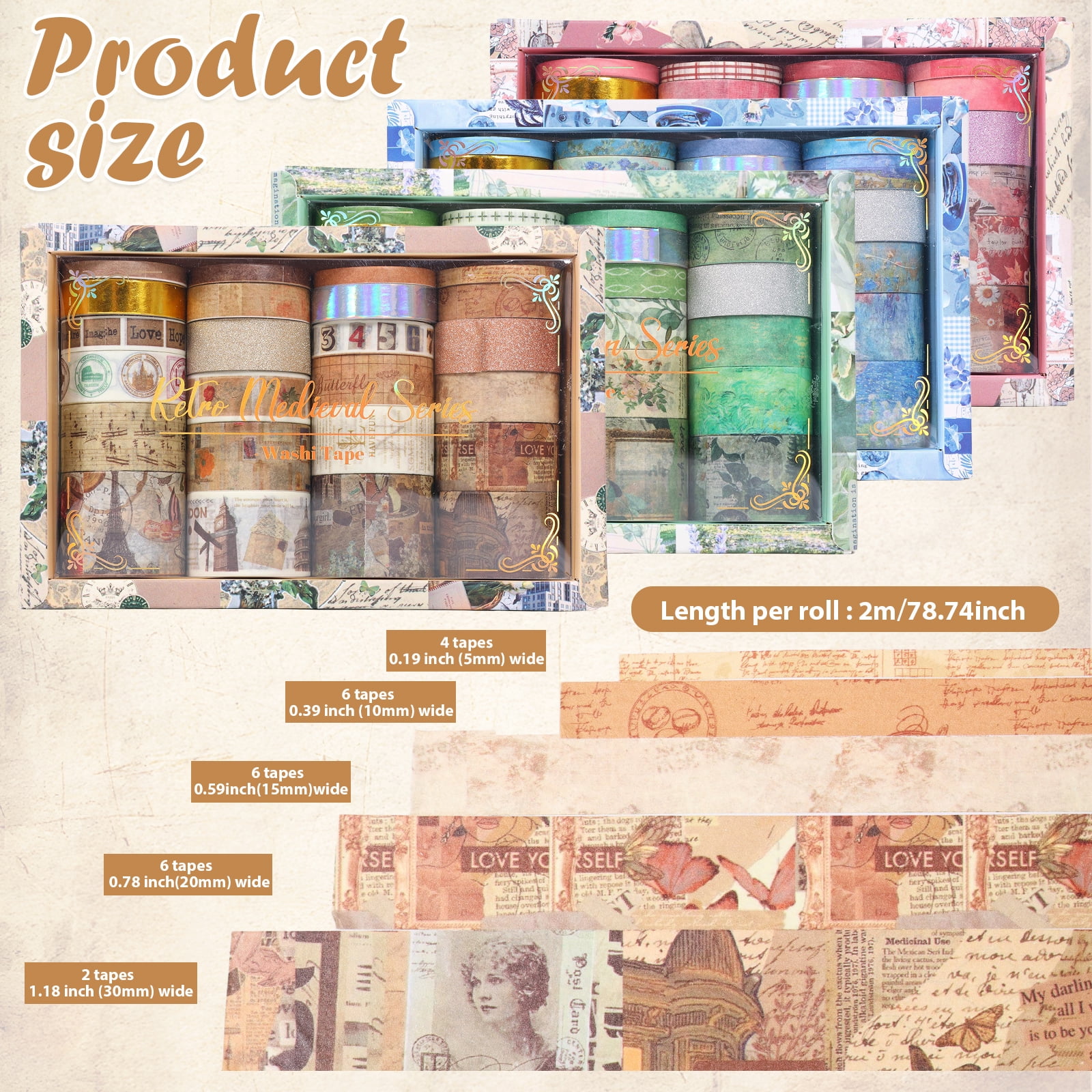 96 Roll Vintage Washi Tape Set 4 Theme Medieval Oil Painting Romantic and Garden Decorative Tape Assorted Sizes 5/10/15/20/30mm Wide 2m Long for Journal Scrapbook and DIY Craft