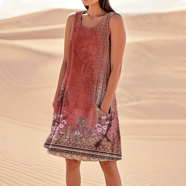 WILLBEST Vestidos De Verano Vestido De Lino Para Mujer Vestido De Playa Informal Hasta La Rodilla Vestido Sin Mangas Vestido Casual Estampado De Verano Con Bolsillos