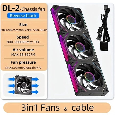 DL-2 120mm ARGB PWM Reverse Blade PC Case Fans, 3-Pack Black Cooling Fans for Gaming PC
