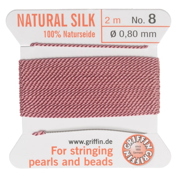 Griffin Silk Beading Cord & Needle, Size 8 (0.8mm), 2 Meters, Dark Pink